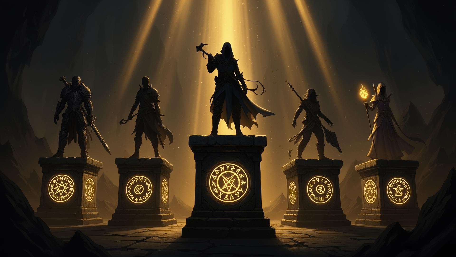 Character silhouettes in a mystical scene