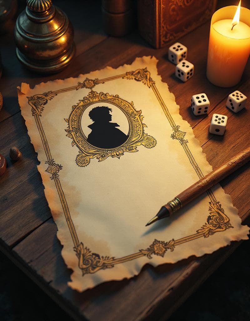 Character creation with silhouette portrait, dice, and quill on parchment