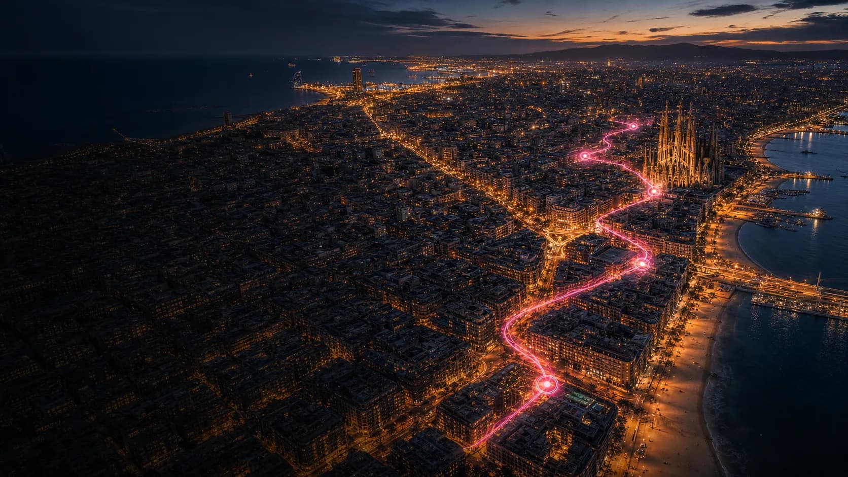 Barcelona at night with a glowing quest route connecting landmarks and the coast