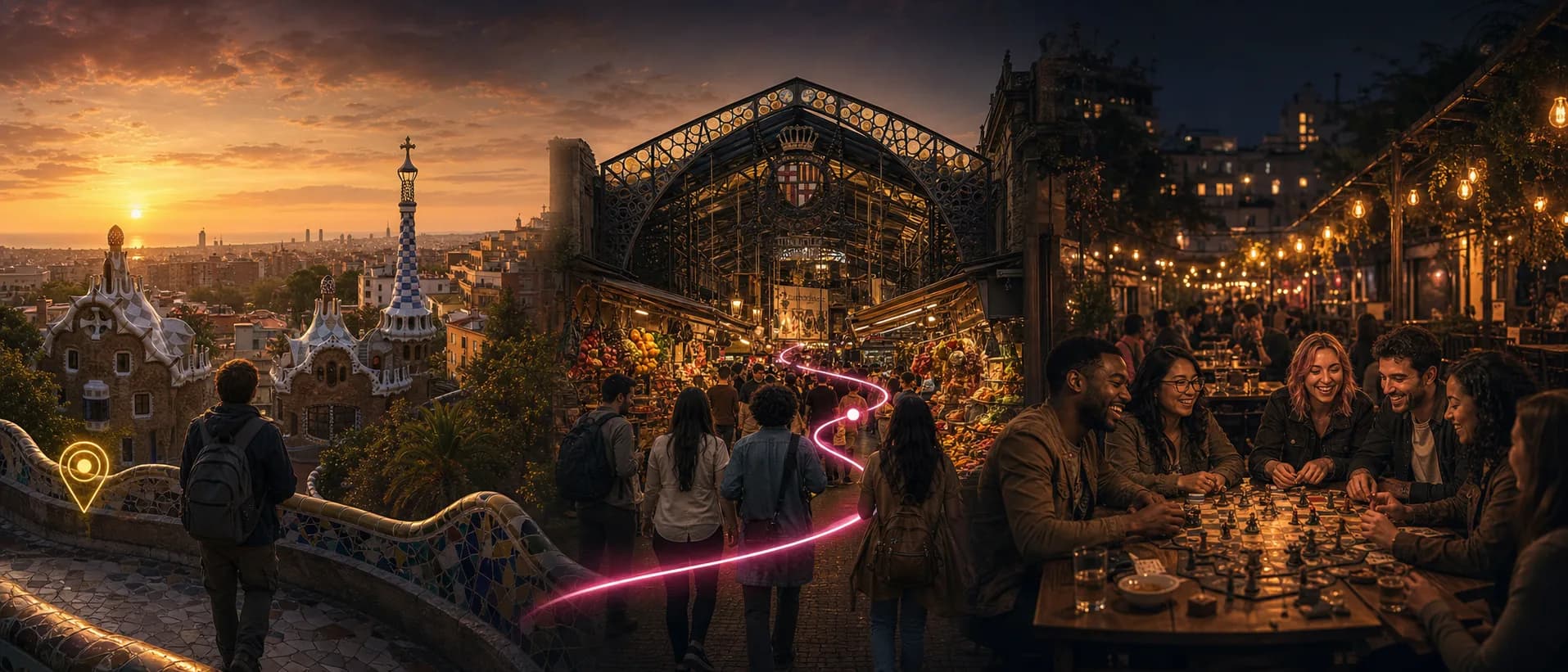 A Barcelona quest progressing from Park Guell through the market to a game cafe at night