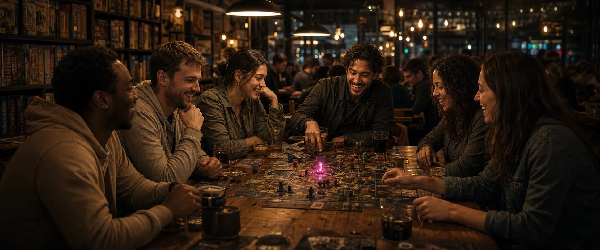 Travelers and locals laughing together over a tabletop game in a Barcelona cafe