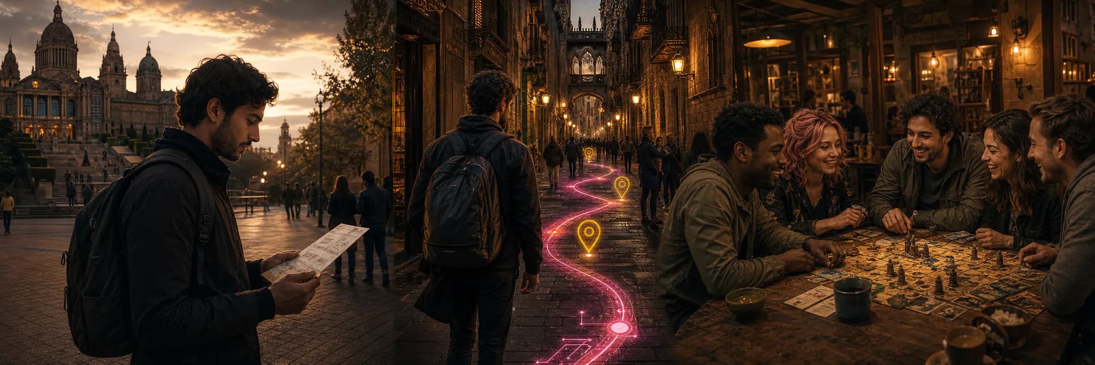 A solo Barcelona itinerary transforms into a glowing city quest and a social tabletop night