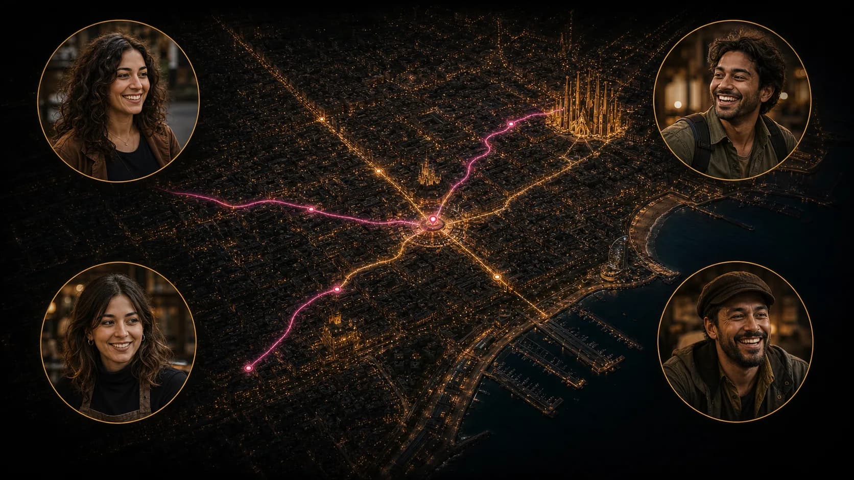 Illustration of four pilot roles connected across a night map of Barcelona