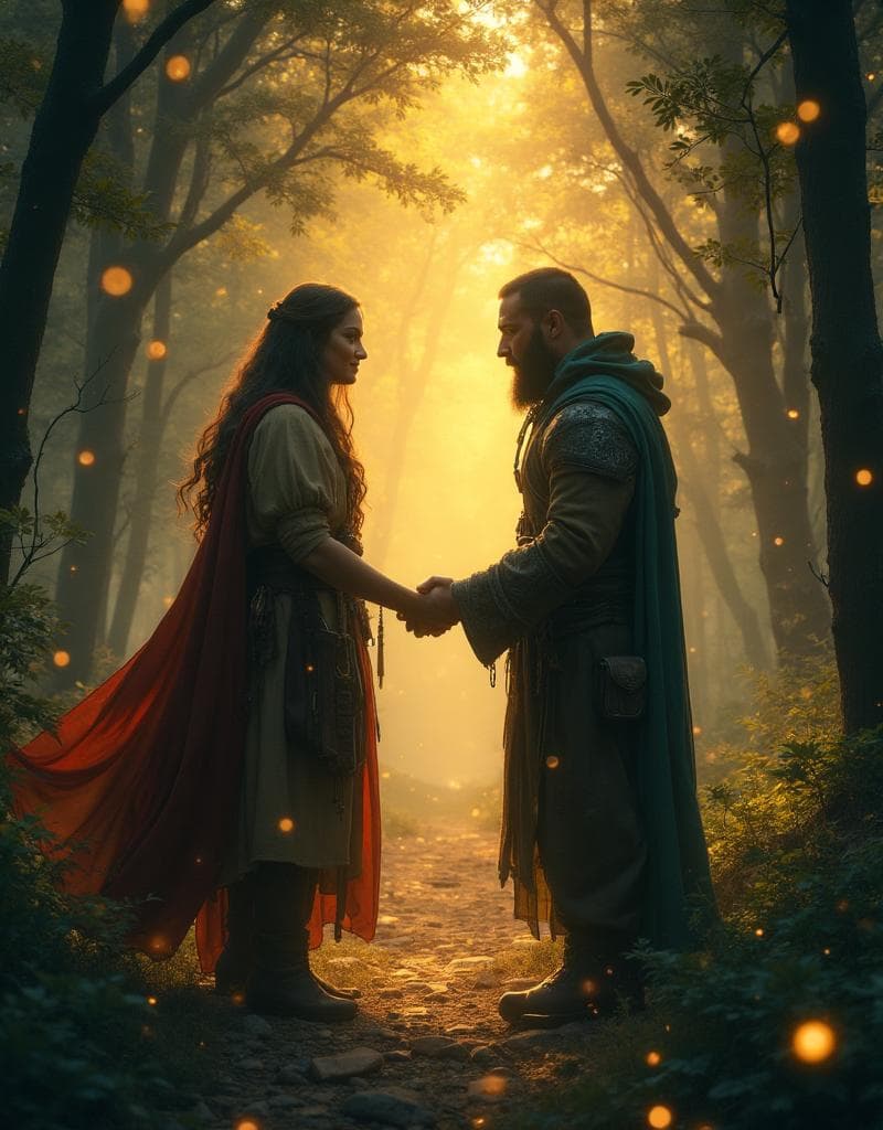Two adventurers meeting in a mystical forest setting